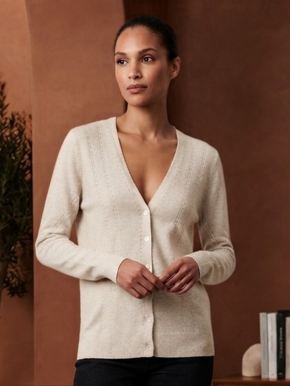 Banana Republic Cream V-Neck Button Cardigan Merino Wool Cashmere Blend XL